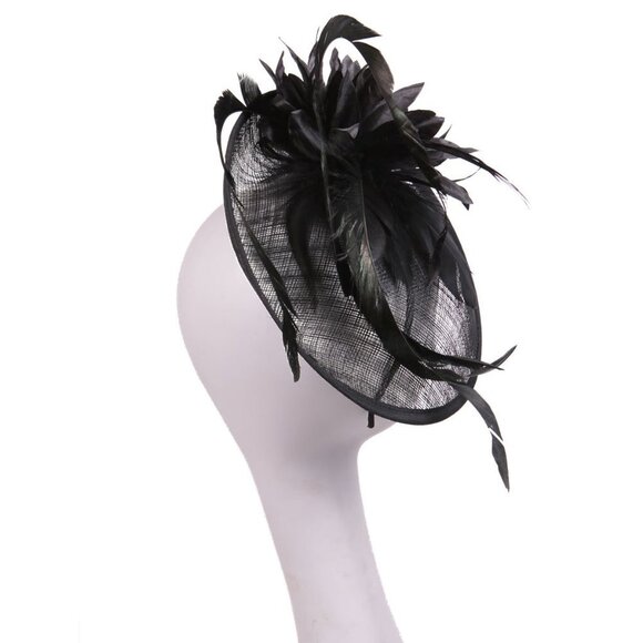 Sinamay Dipped Disk Fascinator Hat Headpeice Party Wedding Black Feather Flower - Picture 4 of 7